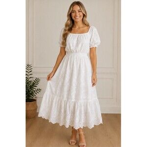 NWT Express White Eyelet Midi Dress M Puff Sleeve Sorority Rush Preference